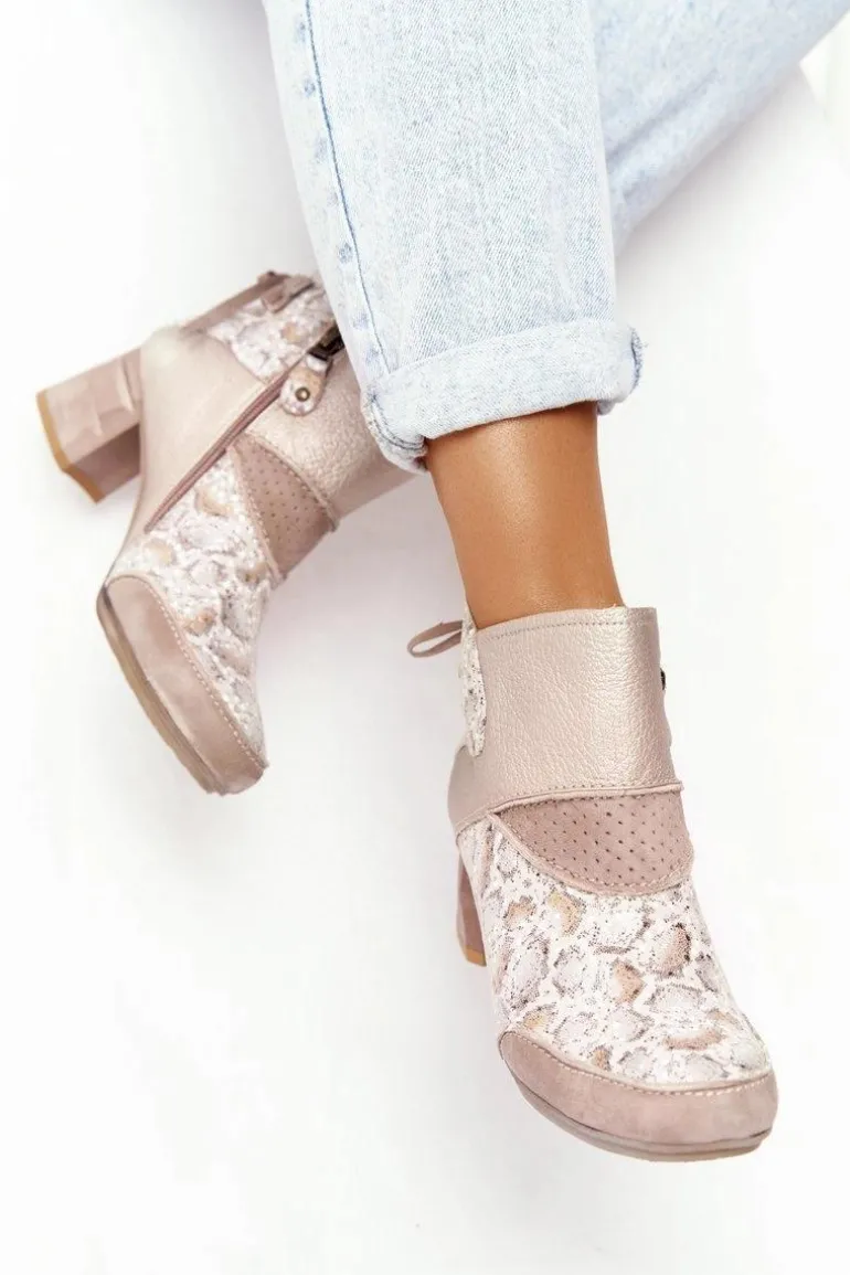 Damskie Skórzane Botki Na Słupku Maciejka Złoto Beżowe 03963-20