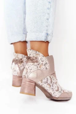 Damskie Skórzane Botki Na Słupku Maciejka Złoto Beżowe 03963-20