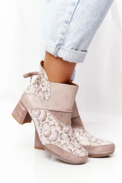 Damskie Skórzane Botki Na Słupku Maciejka Złoto Beżowe 03963-20