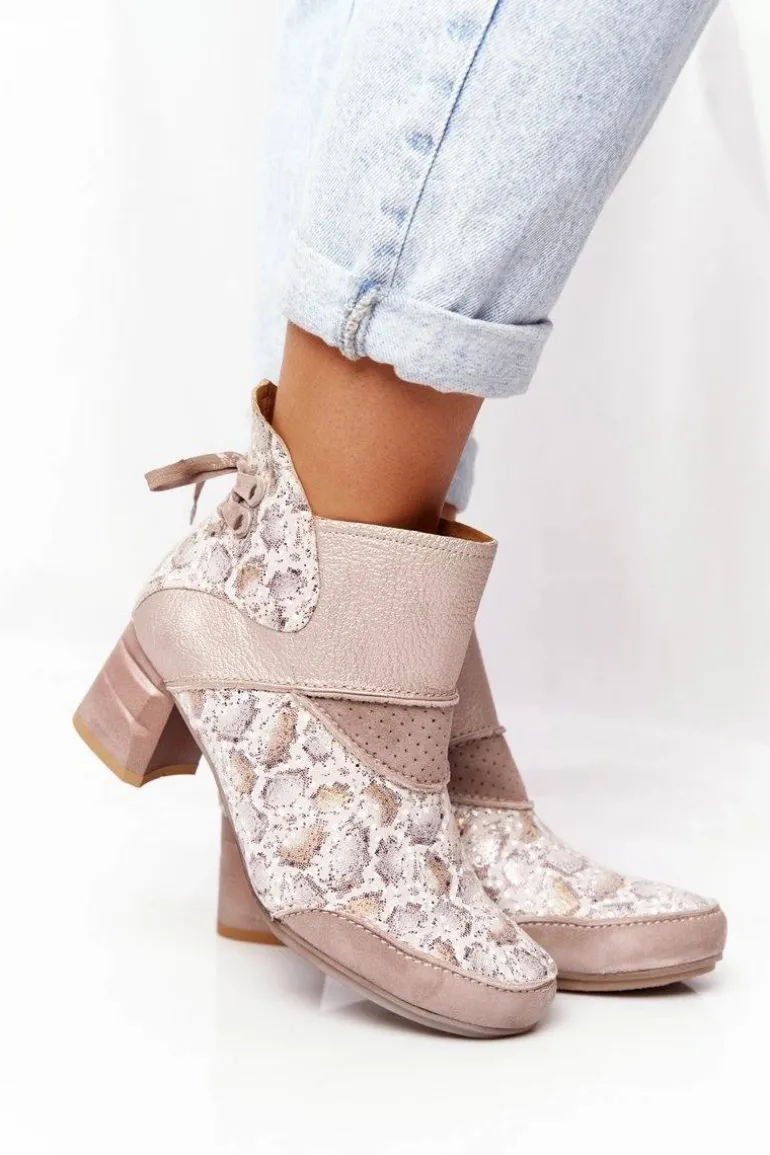 Damskie Skórzane Botki Na Słupku Maciejka Złoto Beżowe 03963-20