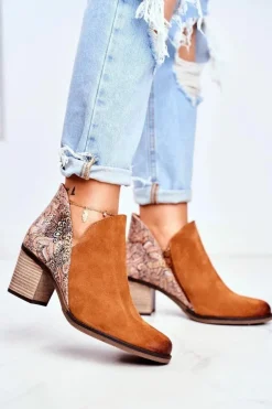 Damskie Skórzane Botki Na Słupku Maciejka Rude 04492-29