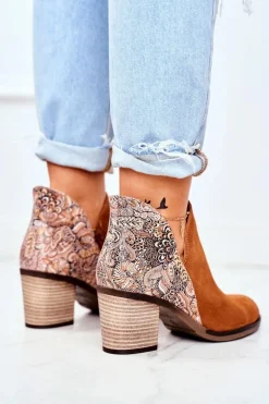 Damskie Skórzane Botki Na Słupku Maciejka Rude 04492-29