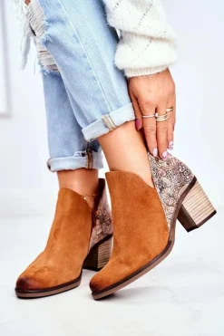 Damskie Skórzane Botki Na Słupku Maciejka Rude 04492-29