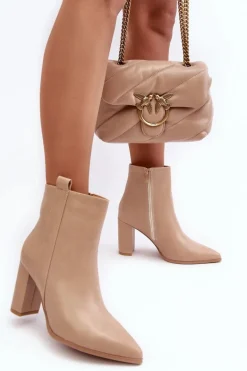 Damskie Skórzane Botki Na Słupku Beżowe Vevine