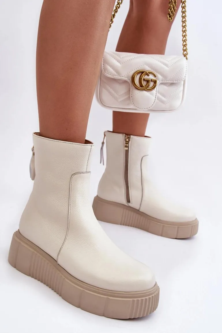 Damskie Skórzane Botki Na Platformie Jasnobeżowe Lemar Jenefer