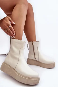 Damskie Skórzane Botki Na Platformie Jasnobeżowe Lemar Jenefer