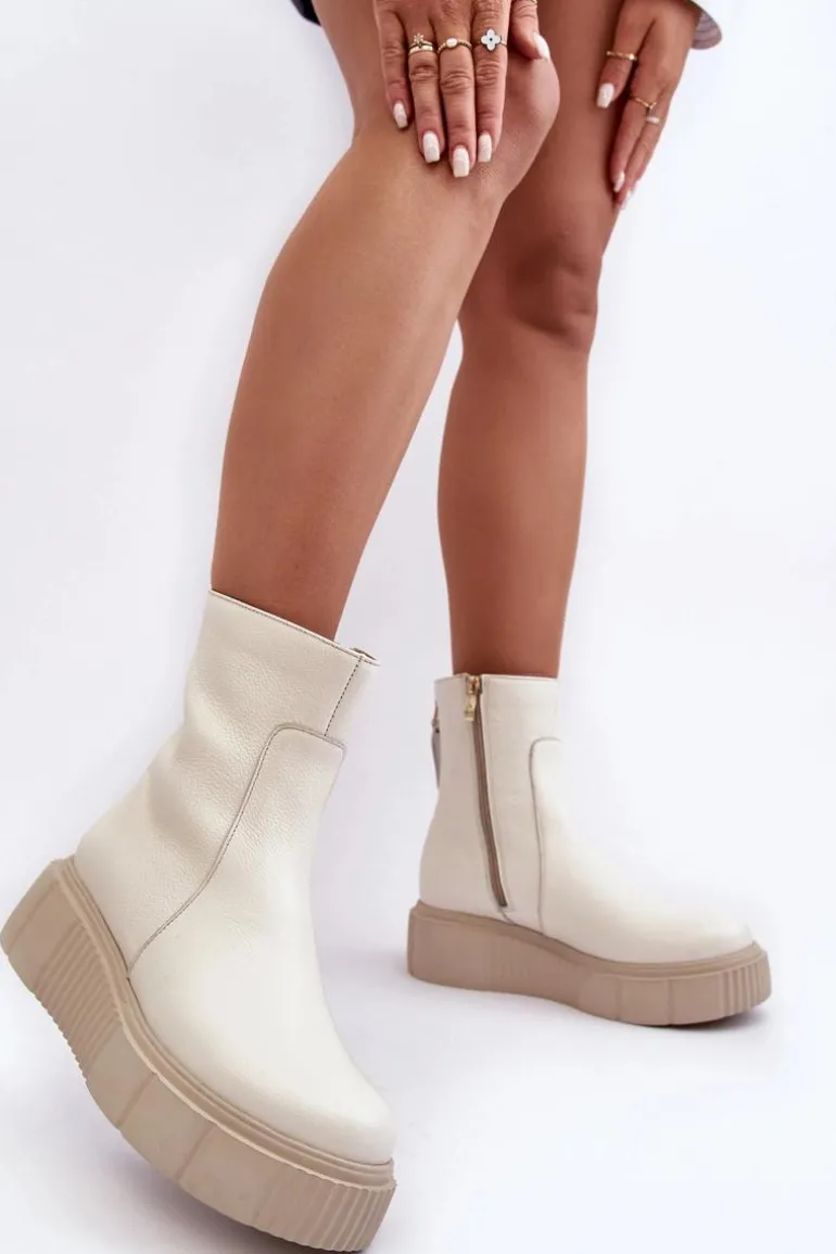 Damskie Skórzane Botki Na Platformie Jasnobeżowe Lemar Jenefer