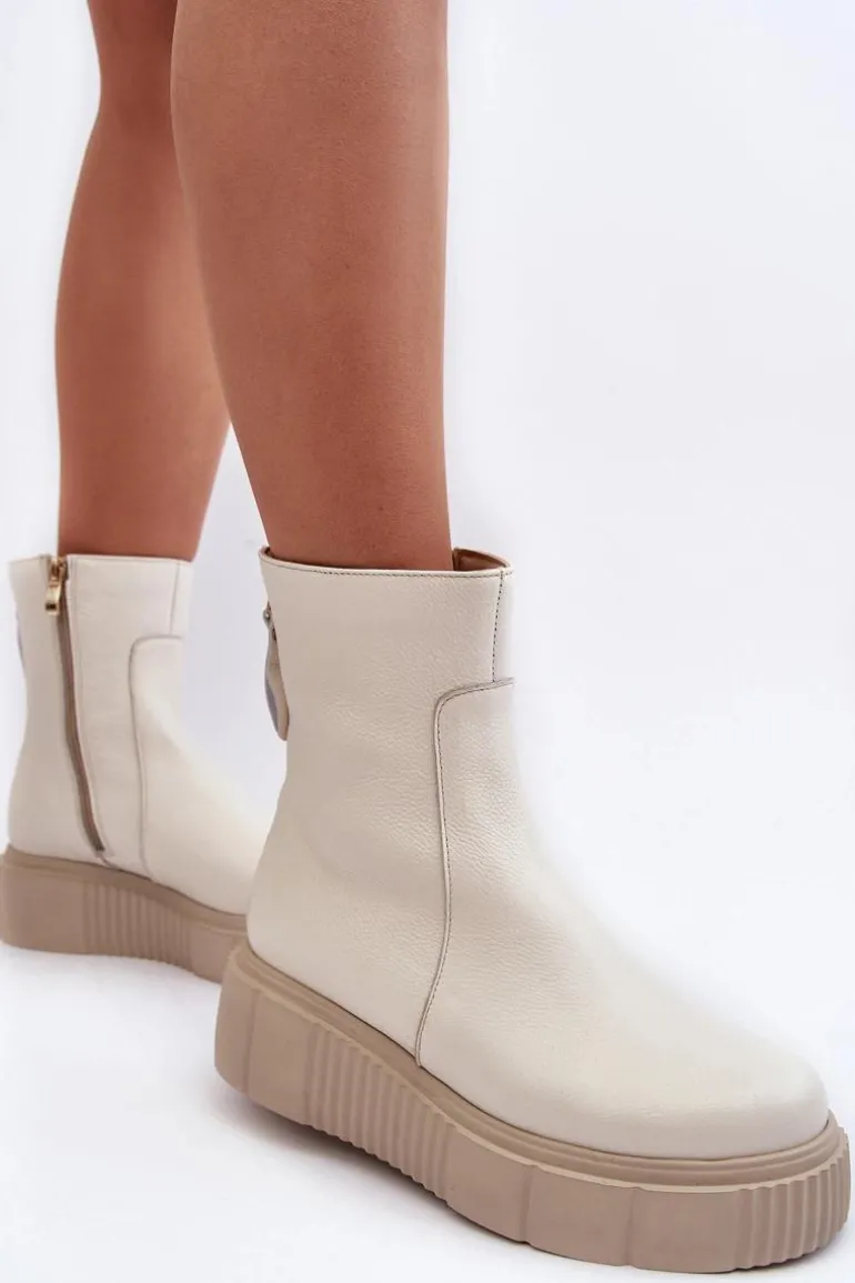 Damskie Skórzane Botki Na Platformie Jasnobeżowe Lemar Jenefer
