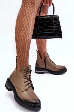 Damskie Skórzane Botki Na Płaskim Obcasie Beżowe Lemar Charline