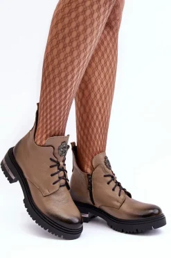 Damskie Skórzane Botki Na Płaskim Obcasie Beżowe Lemar Charline