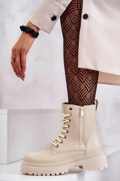 Damskie Skórzane Botki Ocieplane Jasnobeżowe Dorchen