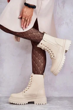 Damskie Skórzane Botki Ocieplane Jasnobeżowe Dorchen