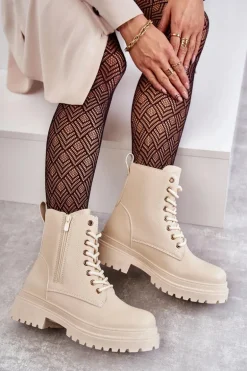 Damskie Skórzane Botki Ocieplane Jasnobeżowe Dorchen