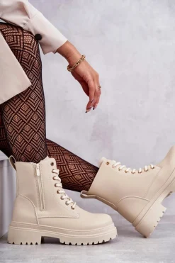 Damskie Skórzane Botki Ocieplane Jasnobeżowe Dorchen