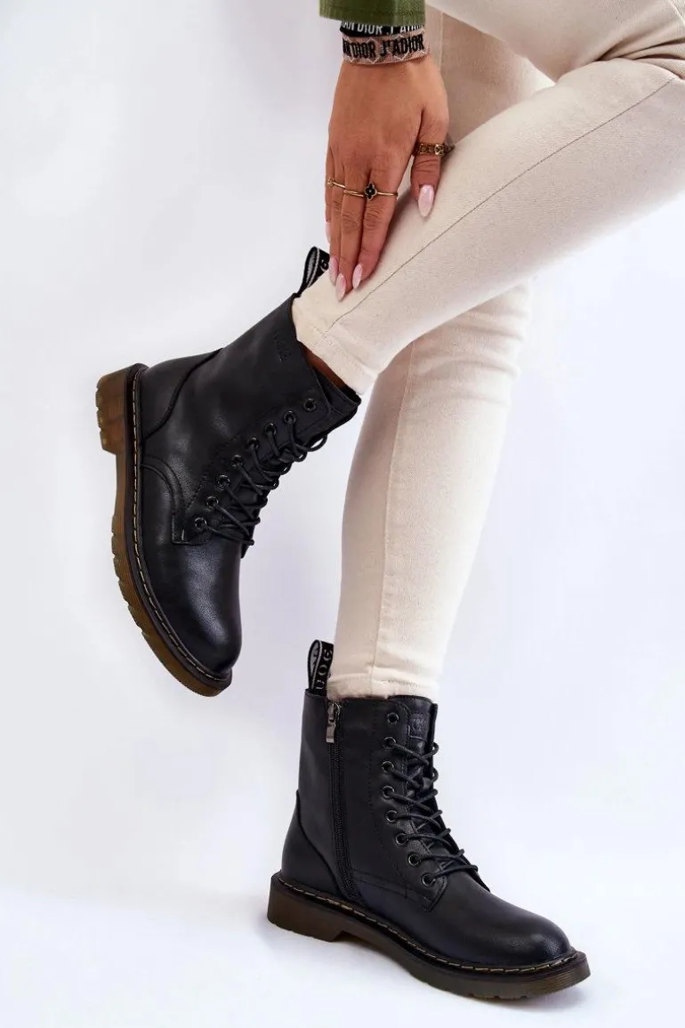 Damskie Skórzane Botki Ocieplane Na Suwak GOE II2N4060 Czarne