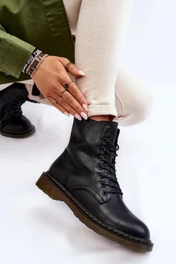 Damskie Skórzane Botki Ocieplane Na Suwak GOE II2N4060 Czarne