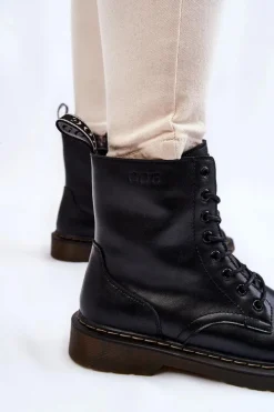 Damskie Skórzane Botki Ocieplane Na Suwak GOE II2N4060 Czarne