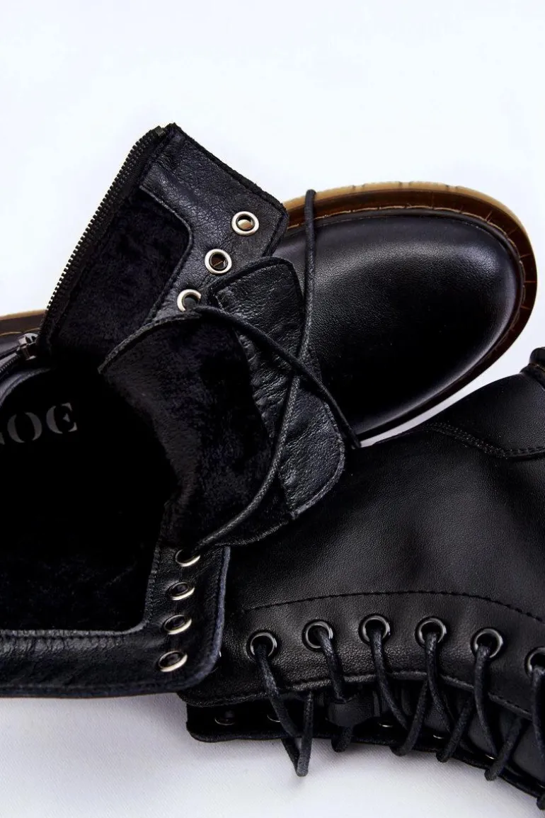 Damskie Skórzane Botki Ocieplane Na Suwak GOE II2N4060 Czarne