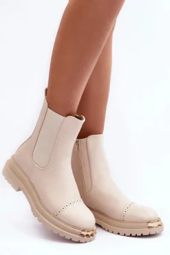 Damskie Skórzane Botki Sztyblety Beżowe Nialee