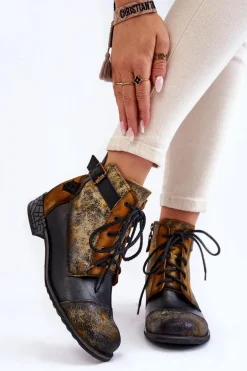 Damskie Skórzane Botki Trzewiki Maciejka 05077-07 Żółto-Czarne