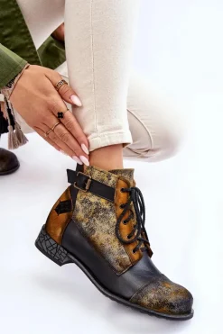 Damskie Skórzane Botki Trzewiki Maciejka 05077-07 Żółto-Czarne