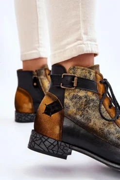 Damskie Skórzane Botki Trzewiki Maciejka 05077-07 Żółto-Czarne