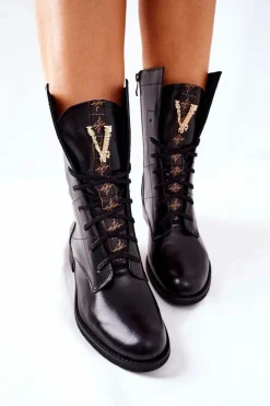 Damskie Skórzane Botki Trzewiki Nicole Czarne 2581/001