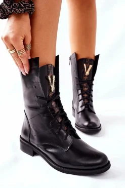 Damskie Skórzane Botki Trzewiki Nicole Czarne 2581/001