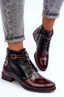 Damskie Skórzane Botki Trzewiki Maciejka 5743A-23 Bordowe