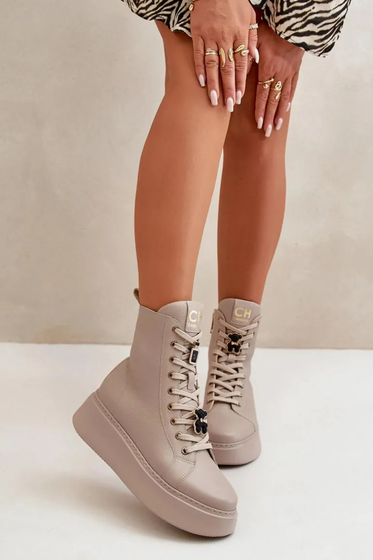 Damskie Skórzane Botki Workery Z Przypinkami Beżowe CheBello 4294