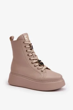 Damskie Skórzane Botki Workery Z Przypinkami Beżowe CheBello 4294