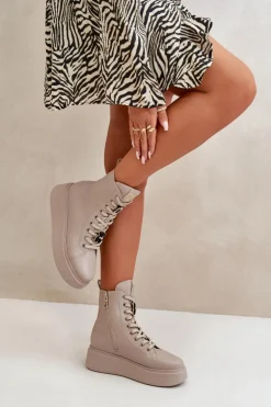 Damskie Skórzane Botki Workery Z Przypinkami Beżowe CheBello 4294