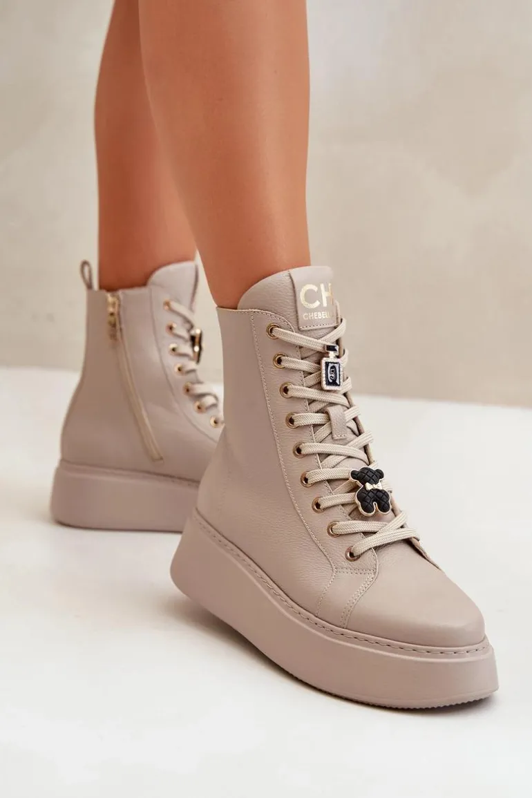 Damskie Skórzane Botki Workery Z Przypinkami Beżowe CheBello 4294