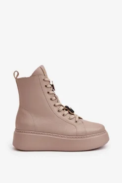 Damskie Skórzane Botki Workery Z Przypinkami Beżowe CheBello 4294