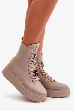 Damskie Skórzane Botki Workery Z Przypinkami Beżowe CheBello 4294