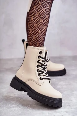 Damskie Skórzane Botki Workery Jasnobeżowe Denila