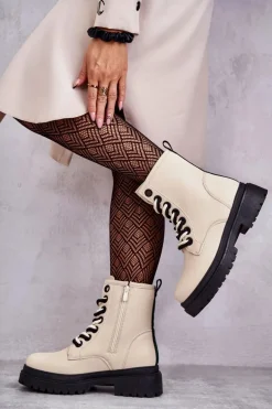 Damskie Skórzane Botki Workery Jasnobeżowe Denila