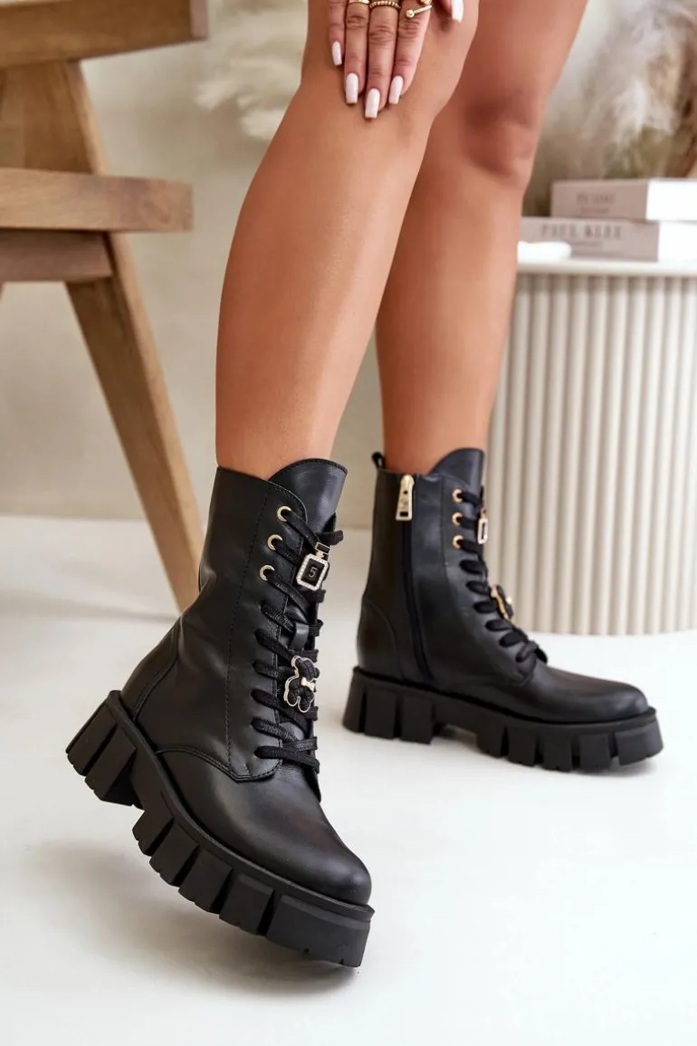 Damskie Skórzane Botki Workery Z Przypinkami CheBello 4247 Czarne