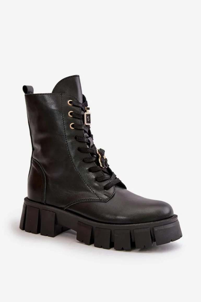 Damskie Skórzane Botki Workery Z Przypinkami CheBello 4247 Czarne