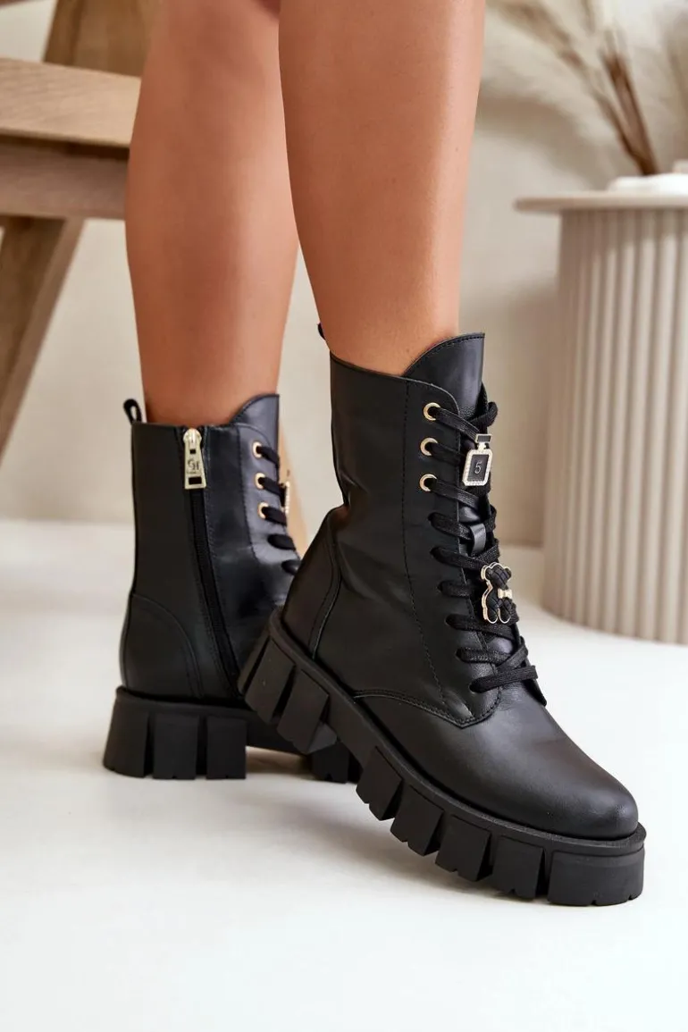 Damskie Skórzane Botki Workery Z Przypinkami CheBello 4247 Czarne