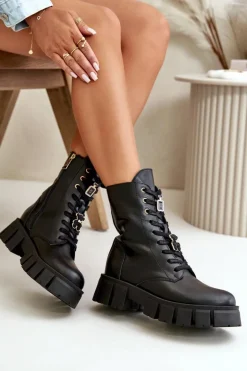 Damskie Skórzane Botki Workery Z Przypinkami CheBello 4247 Czarne