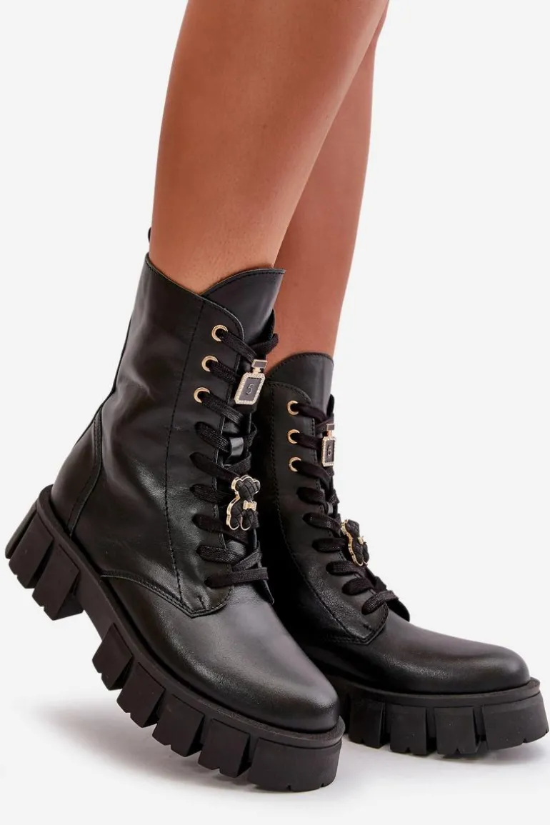 Damskie Skórzane Botki Workery Z Przypinkami CheBello 4247 Czarne