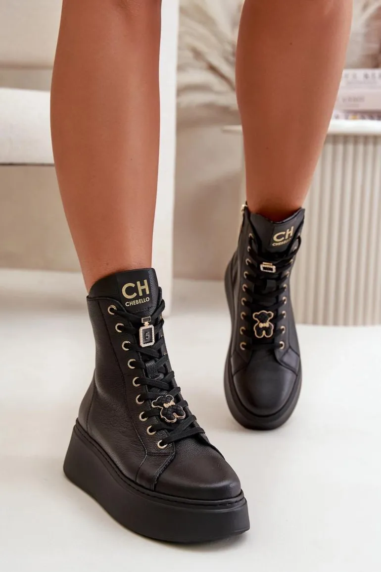 Damskie Skórzane Botki Workery Z Przypinkami Czarne CheBello 4294