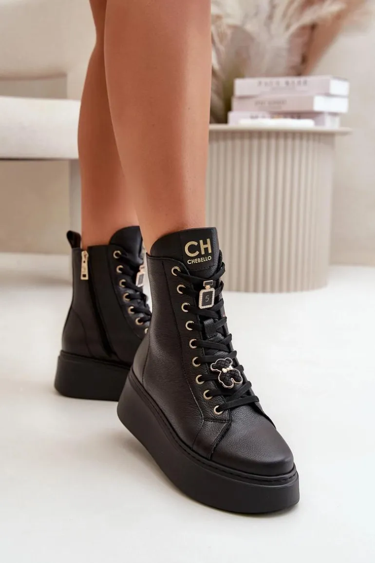 Damskie Skórzane Botki Workery Z Przypinkami Czarne CheBello 4294