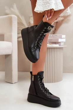 Damskie Skórzane Botki Workery Z Przypinkami Czarne CheBello 4294