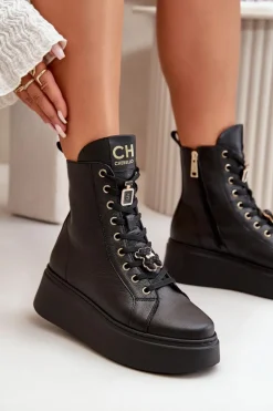 Damskie Skórzane Botki Workery Z Przypinkami Czarne CheBello 4294