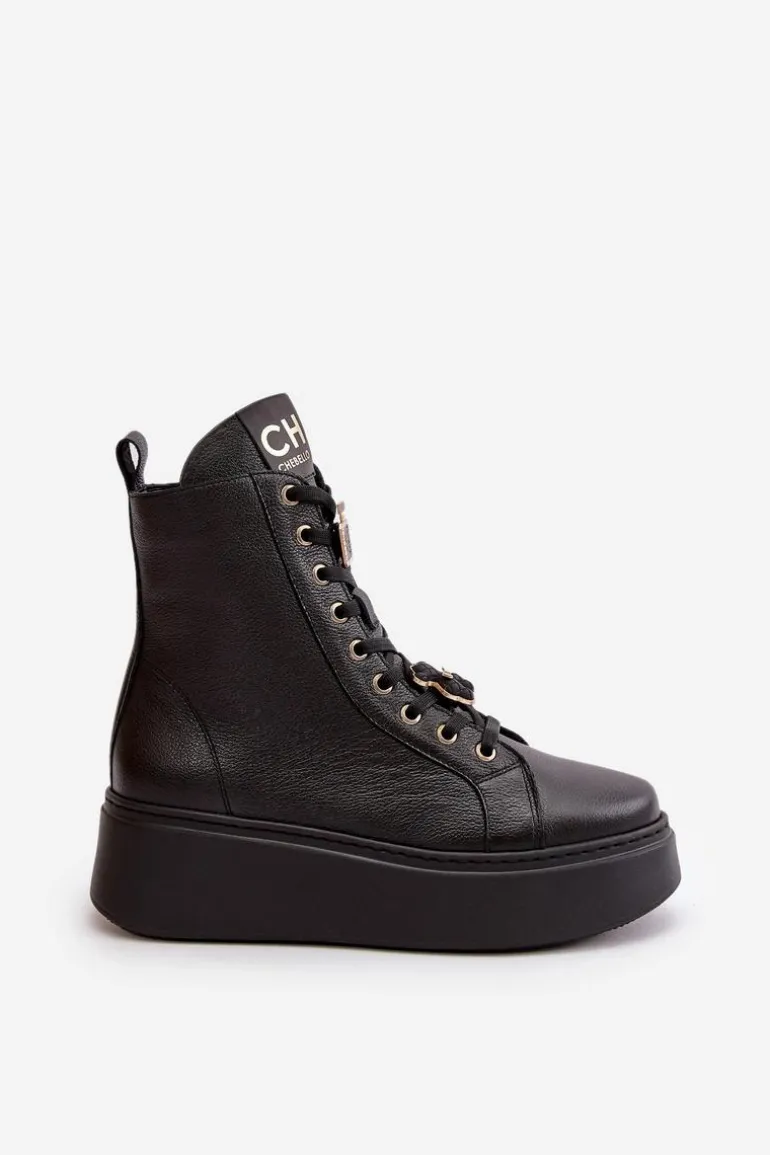 Damskie Skórzane Botki Workery Z Przypinkami Czarne CheBello 4294