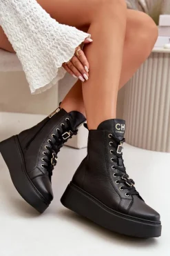 Damskie Skórzane Botki Workery Z Przypinkami Czarne CheBello 4294