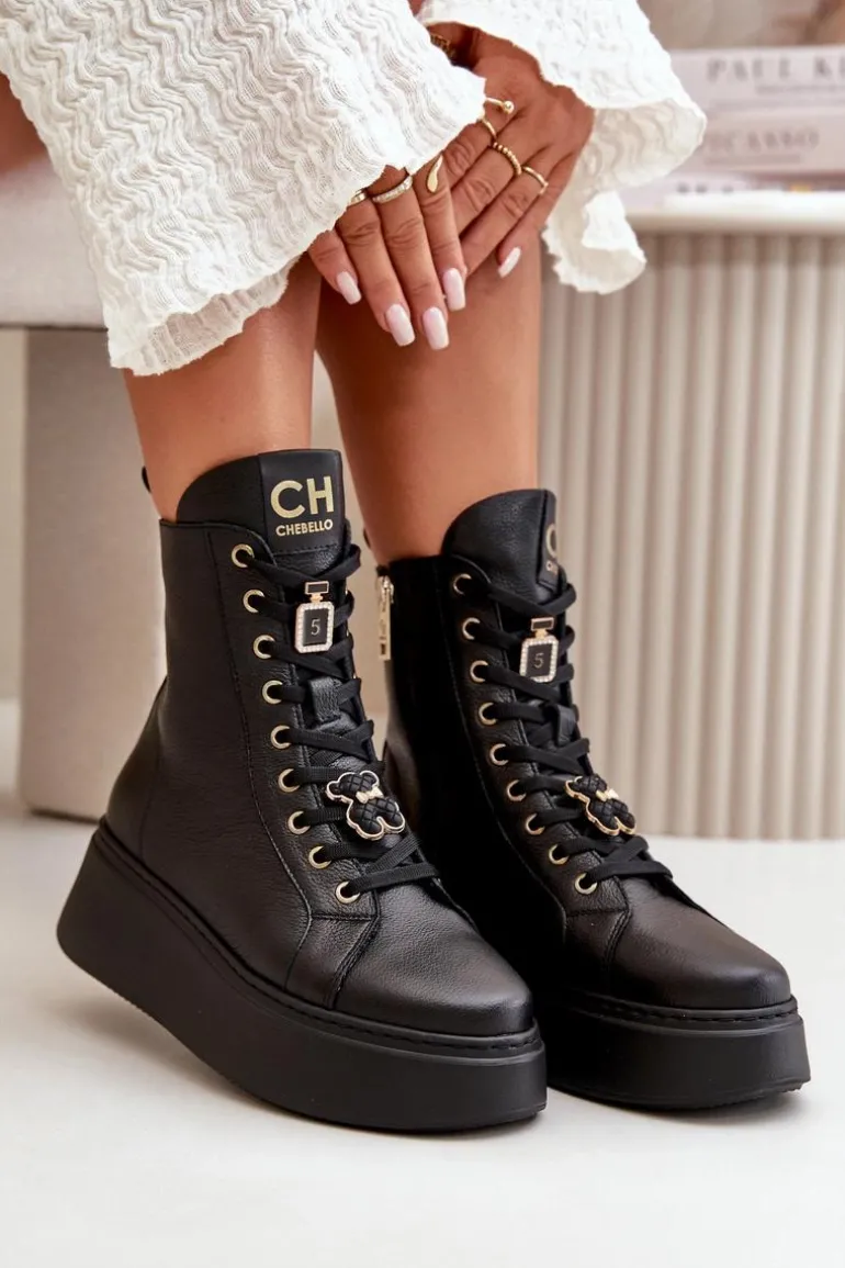 Damskie Skórzane Botki Workery Z Przypinkami Czarne CheBello 4294