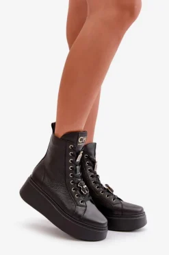 Damskie Skórzane Botki Workery Z Przypinkami Czarne CheBello 4294